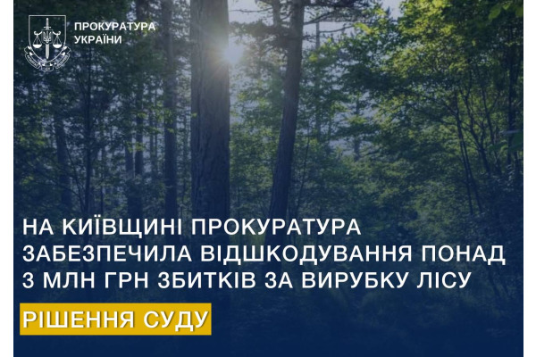 Прокуратура Київщини забезпечила відшкодування понад 3 млн грн збитків за вирубку лісу