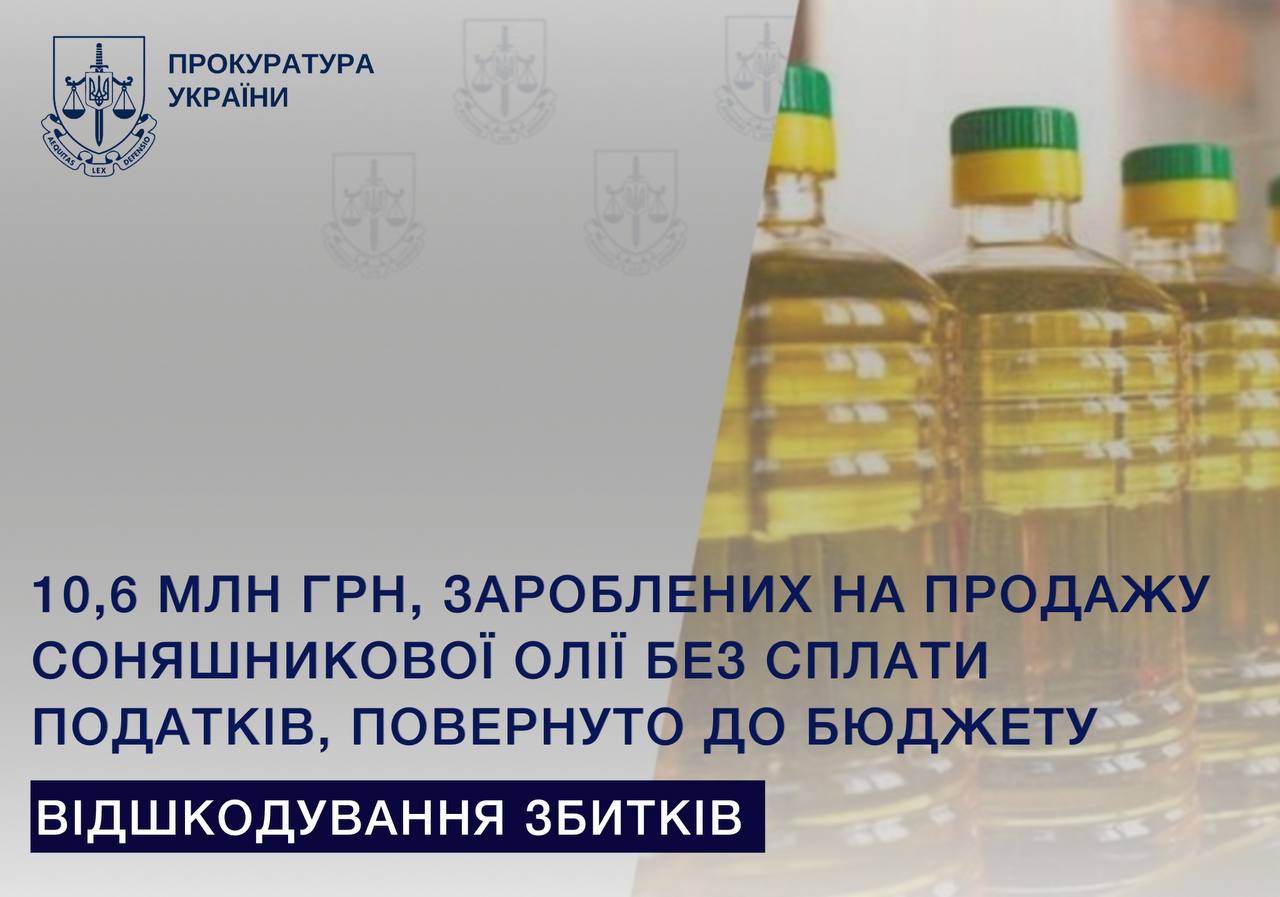 10,6 млн грн, зароблених на продажу соняшникової олії без сплати податків, повернуто до бюджету