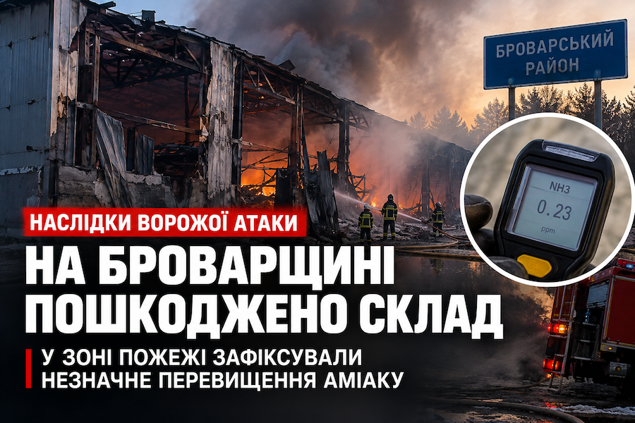 Після ворожої атаки на Броварщині зафіксували незначне перевищення аміаку в зоні пожежі